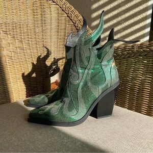 Green Rhinestone Flame Ankle Boots with Chunky Heel and Western Design